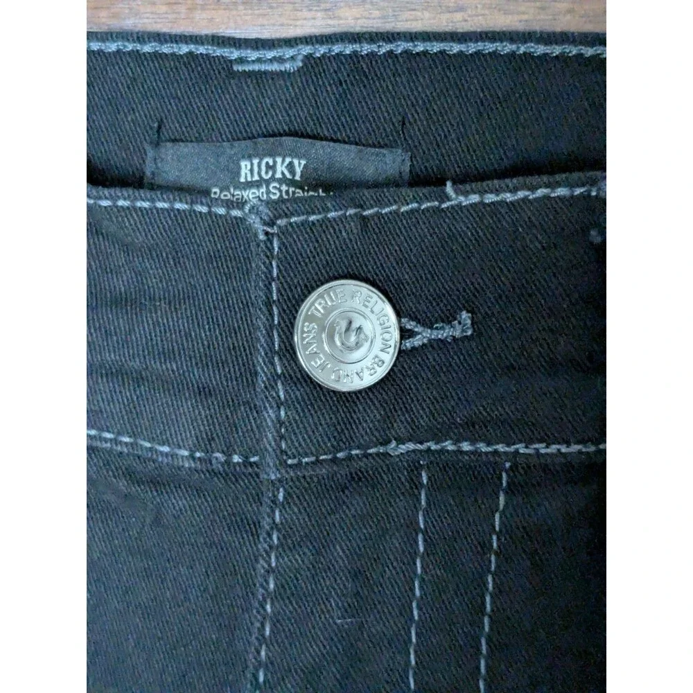 NWT True Religion Ricky Flap Pocket Relaxed Straight Rinse Black Jeans 34x32